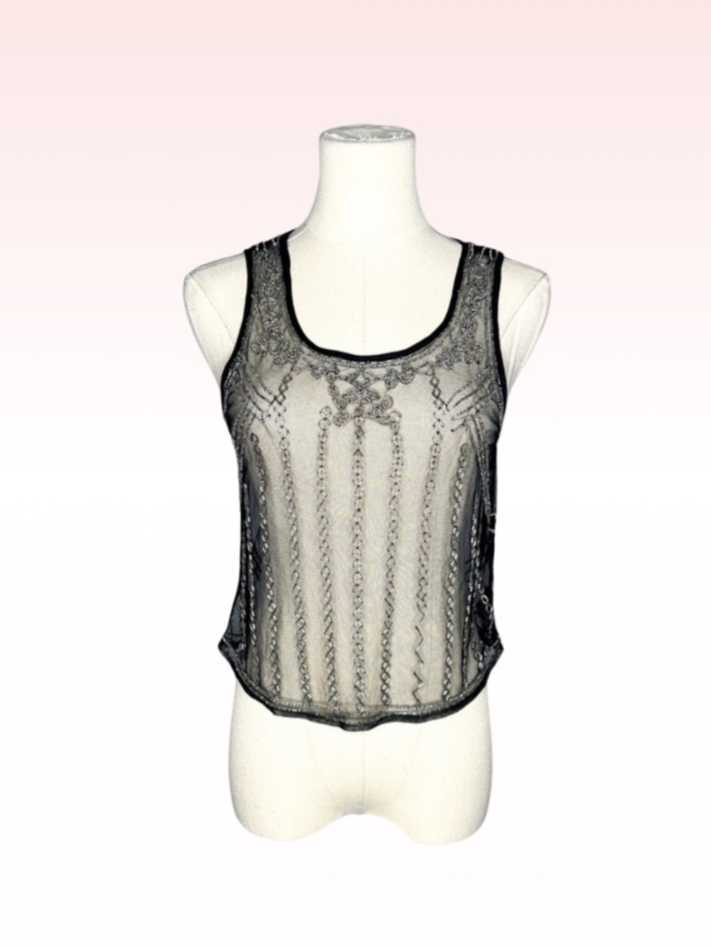 FOREVER 21 Sheer Silver Beaded Black Top (Sz S)